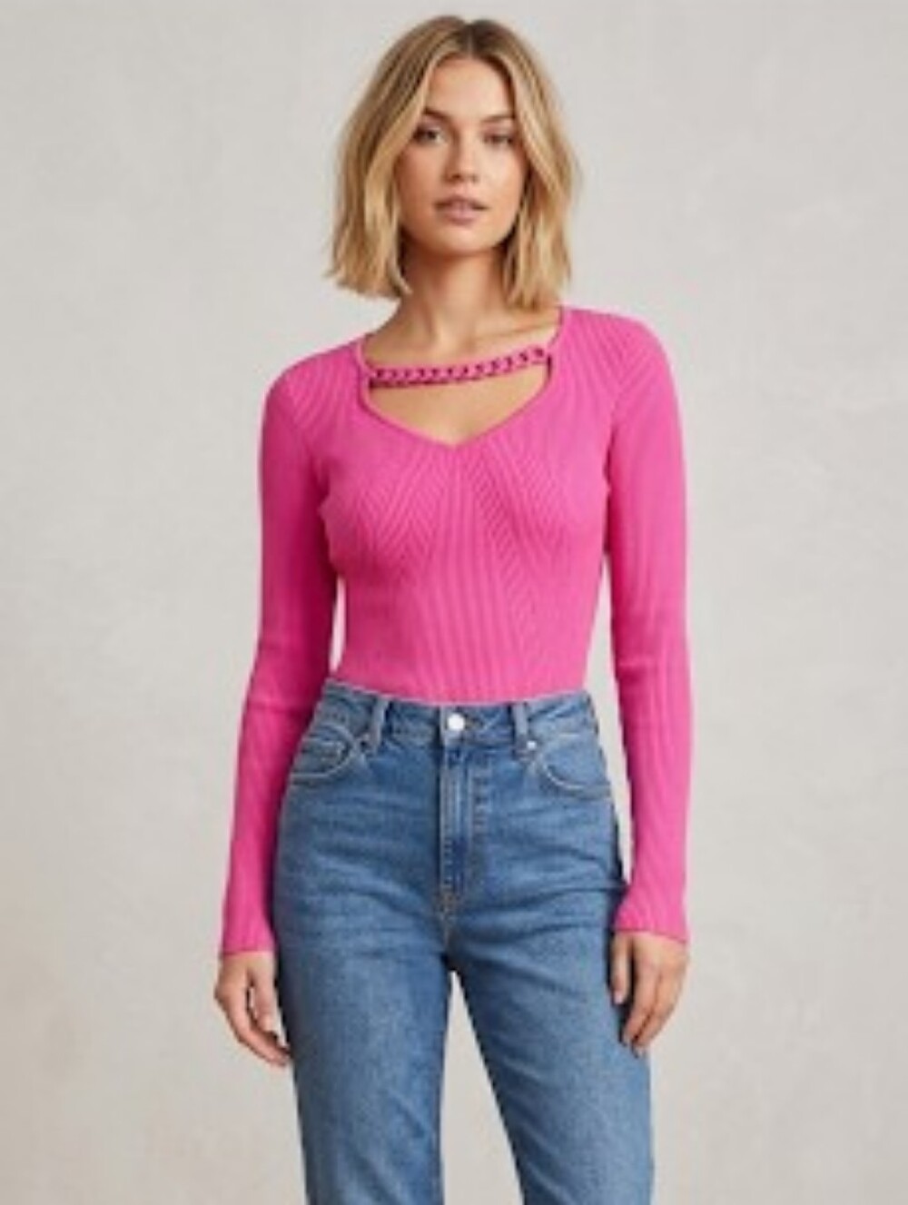INC Vibrant Pink Cowl Neck Long Sleeve knit blouse With Chain Neck Accent Sz XS